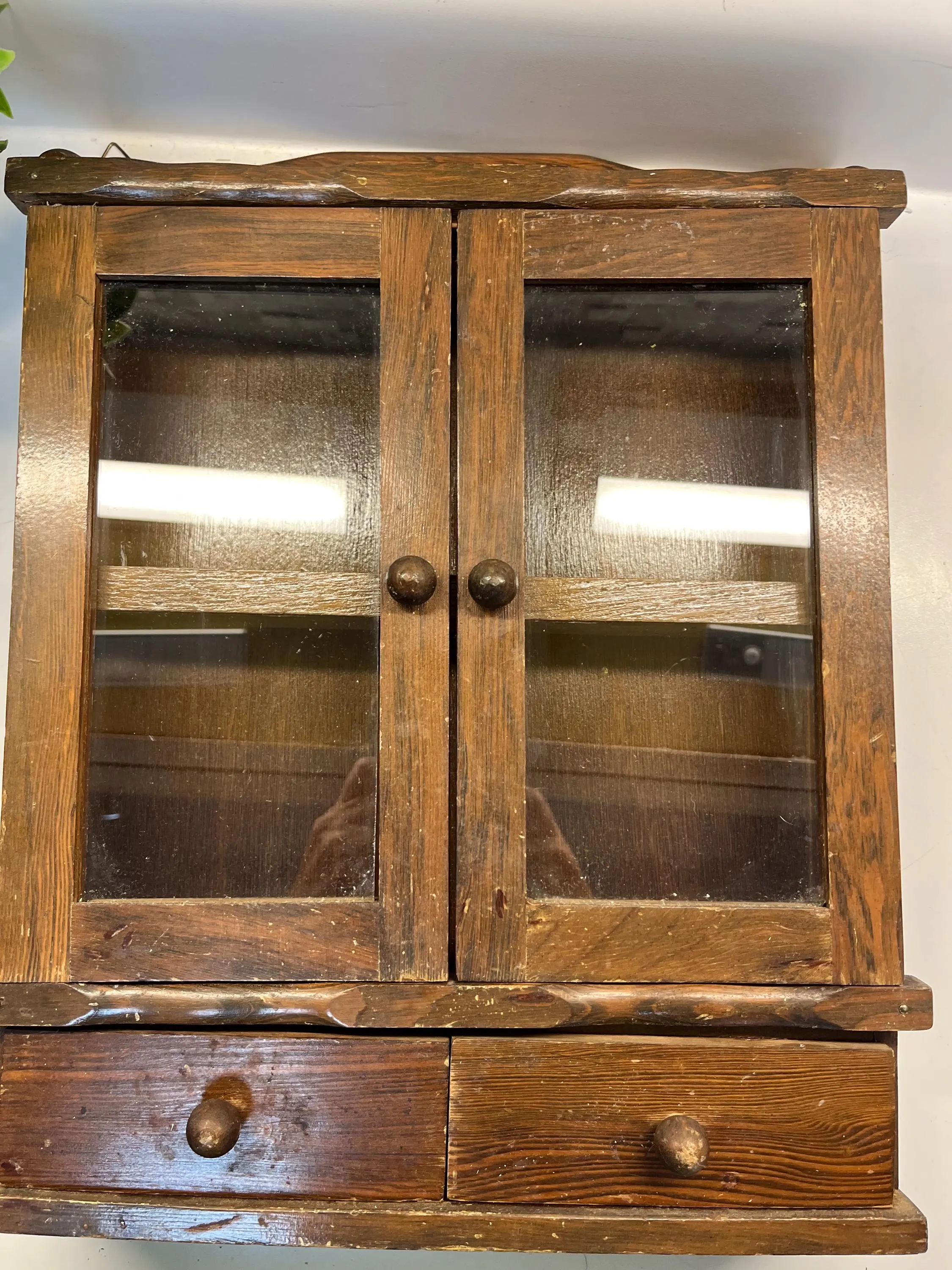 Vintage Wooden Spice Cabinet with Glass Doors & 2 Drawers – Rustic Farmhouse Tabletop Wall Cabinet, Primitive Apothecary Kitchen Organizer