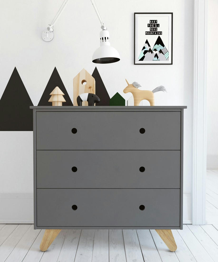 TIPI - Commode enfant 3 tiroirs  gris   effet bois   50.8x95