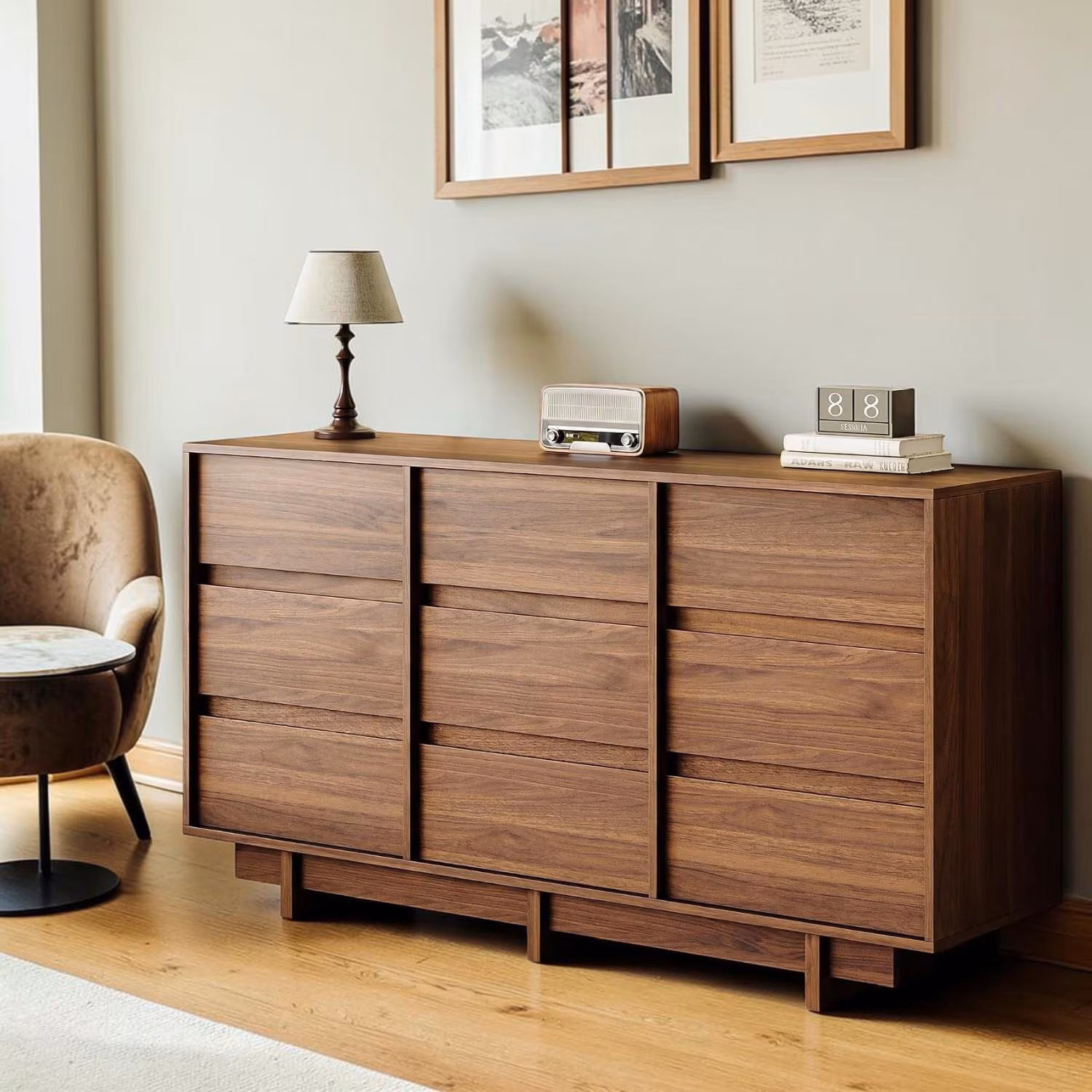 Modern Walnut Dresser 9 Drawer Bedroom Chest Wide Storage Cabinet Minimalist Furniture
