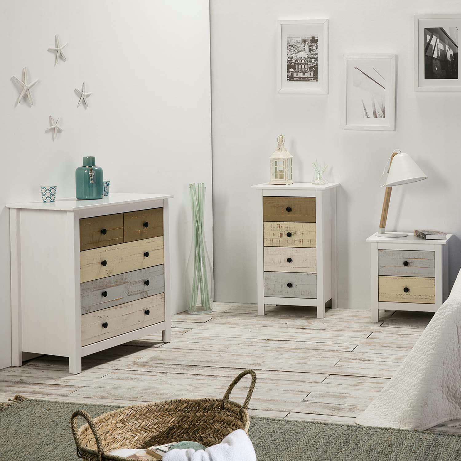 MAGDA - Commode 5 tiroirs blanc et multicolores, 79 cm longueur