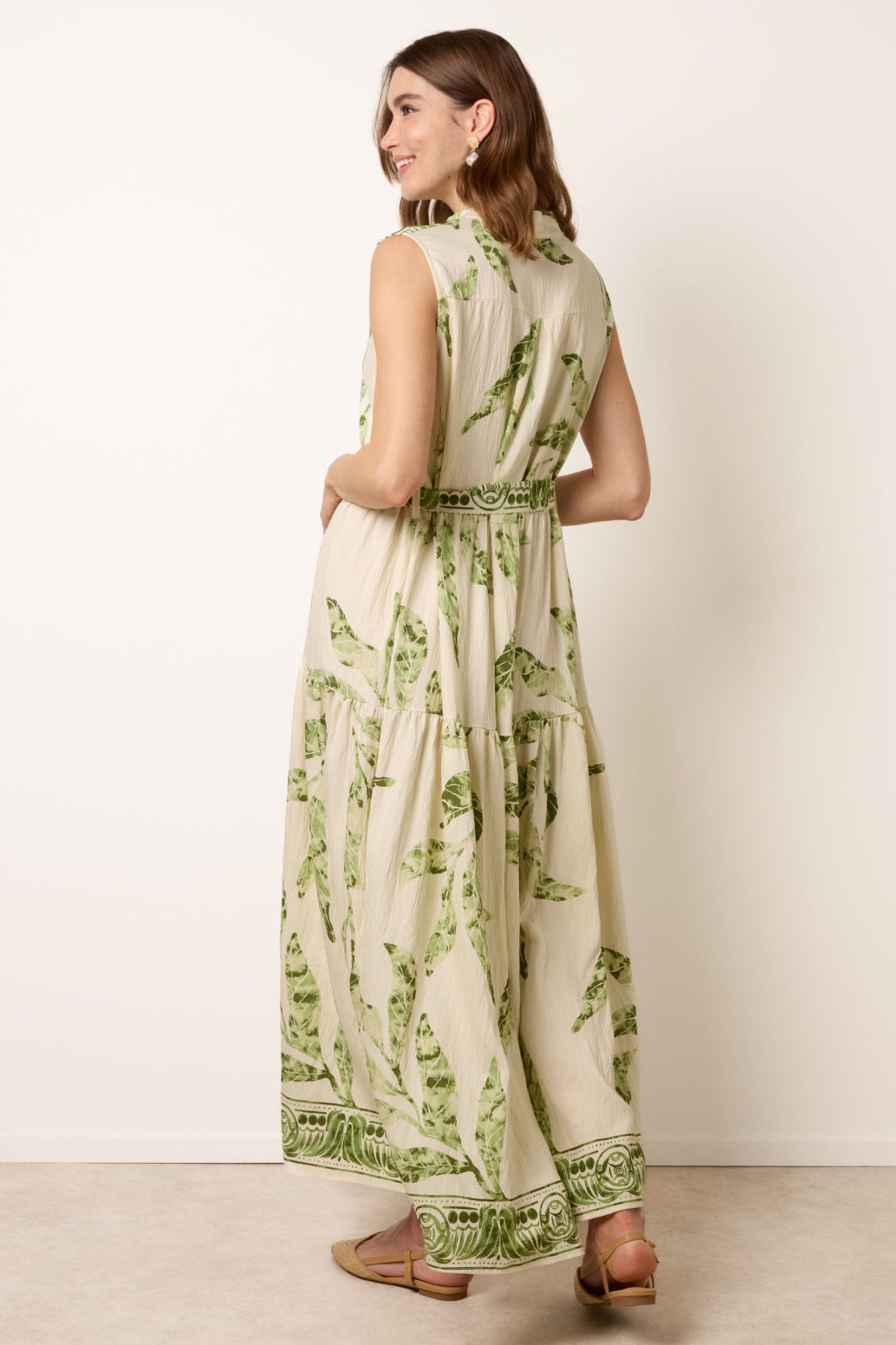 Blue Vanilla Green Leaf Print Collarless Shirt Dress With Belted Waist