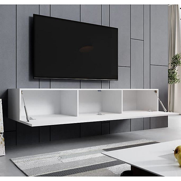 Meuble TV suspendu blanc brillant - 1 porte, 3 compart. - MDF/mélamine - L180 x P30 x H40 cm