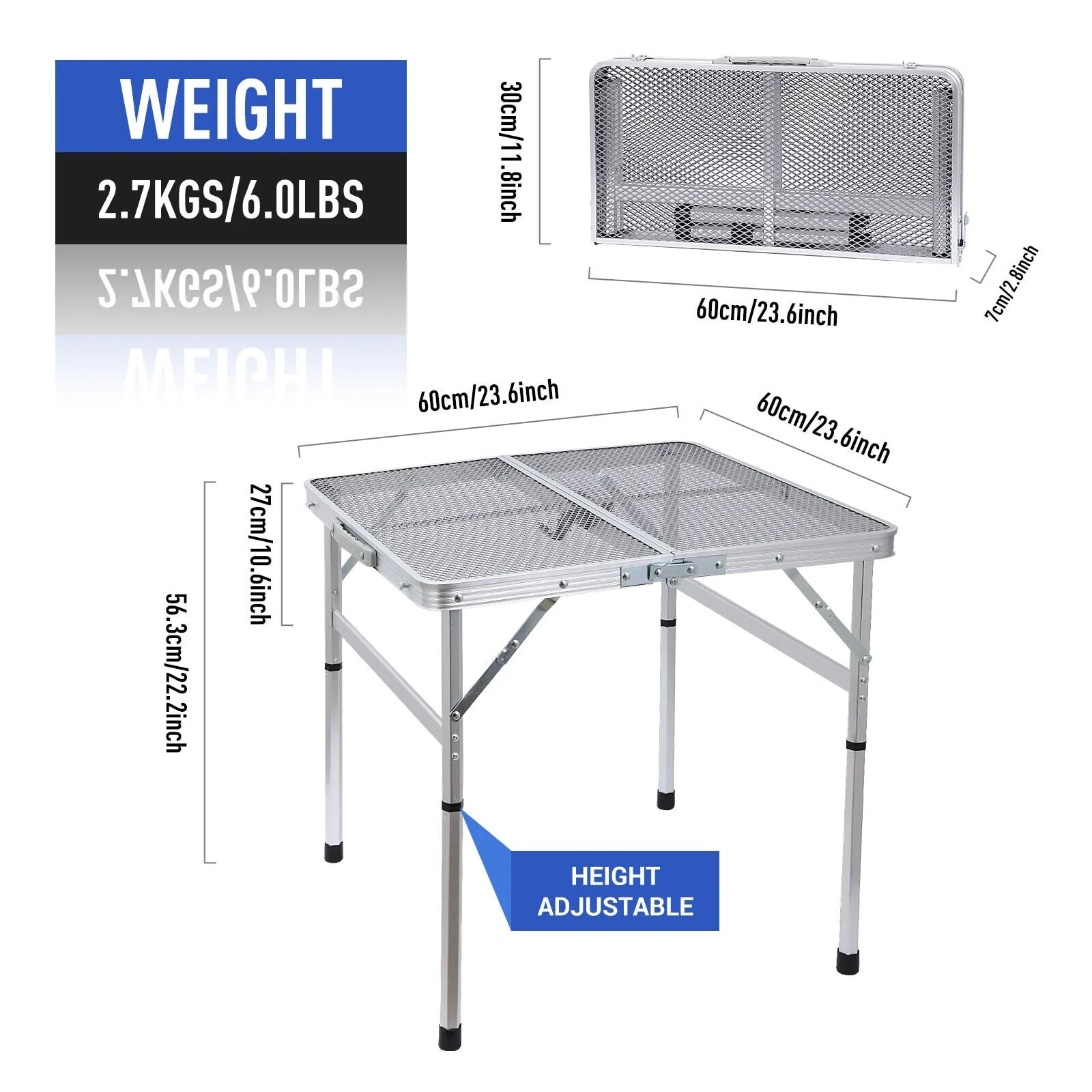 Square Table for Grill, Folding Table Camping Table Card Table Height Adjustable