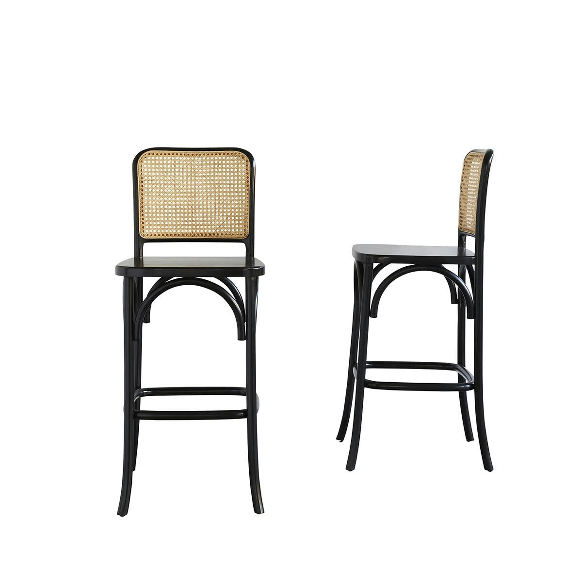 HANA - 2 tabourets de bar en acajou massif et cannage noir