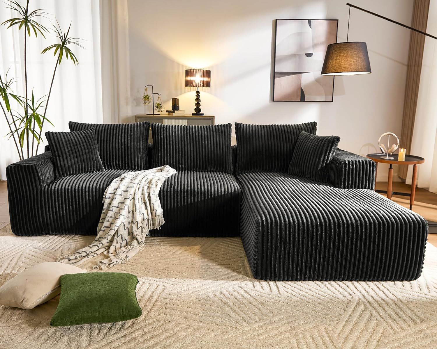 WorthFurni Cloud Modular Sofa Couch with L-Shape Chaise,Modern Sectional with Deep Seat, Upholstered Couches for Living Room Bedroom,No Assembly Required, Plush Corduroy Fabric 110.4(Black)