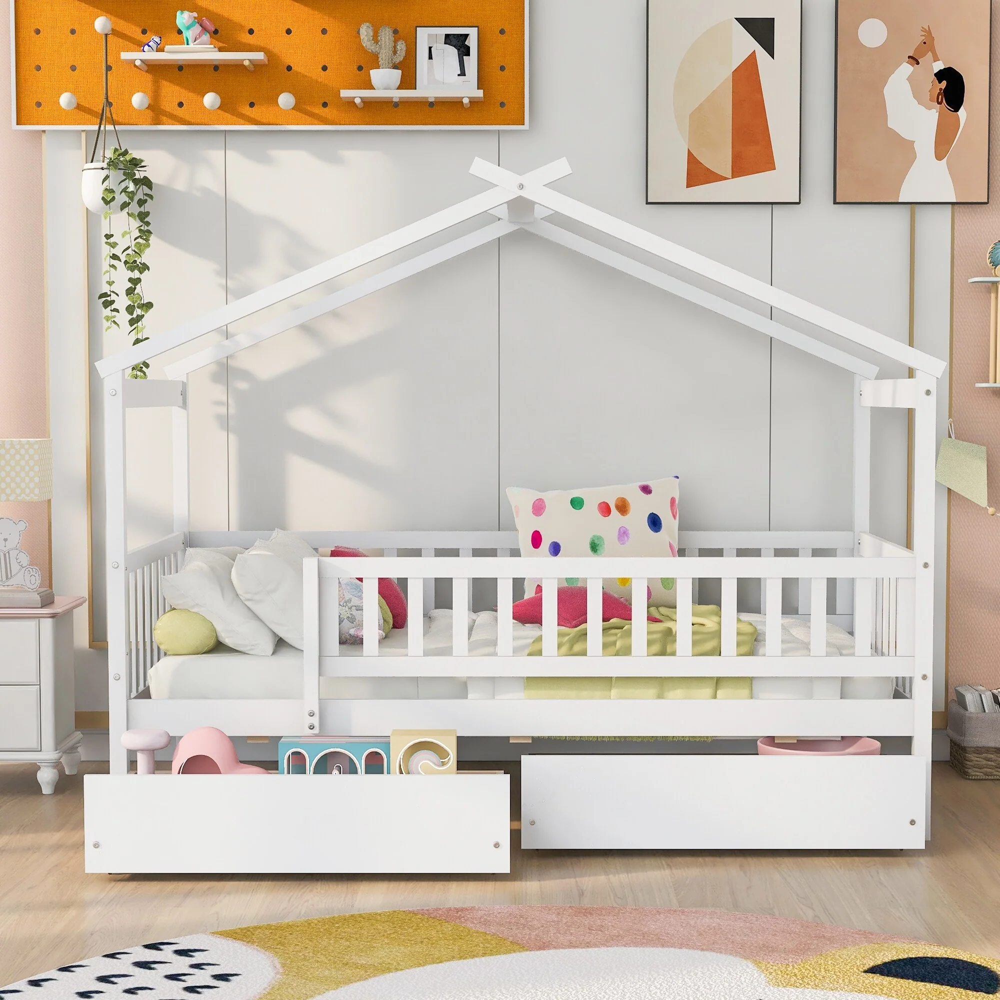Twin House-Shaped Bed with 2 Storage Drawers, Wooden Platform Bed for Kids