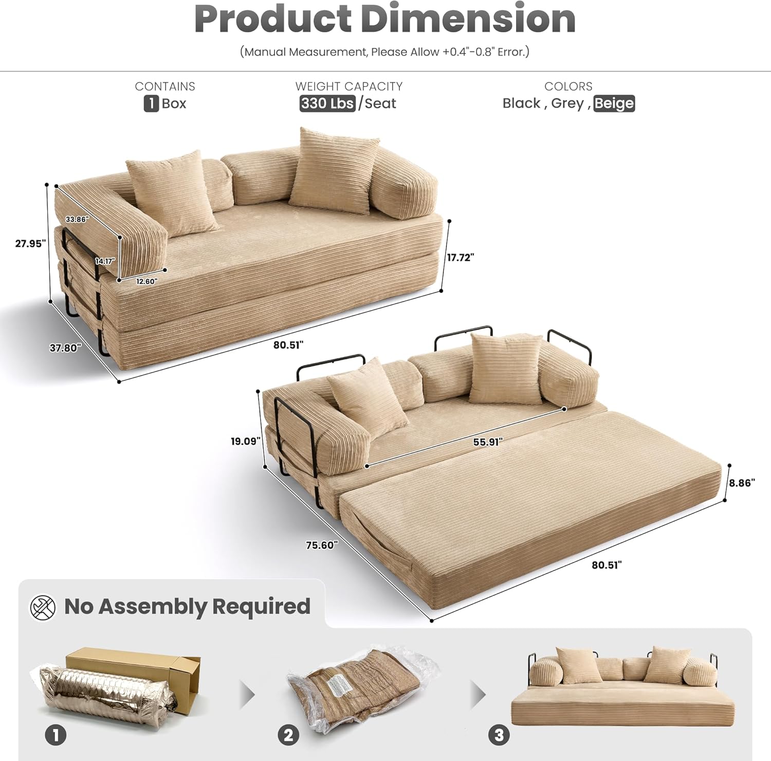 ovios 81 Folding Sofa Bed, Foldable Sleeper Boneless Couch with Pull Out Beds, Modular Convertible Floor Futon Loveseat Lounger for Living Room (Corduroy, Beige)