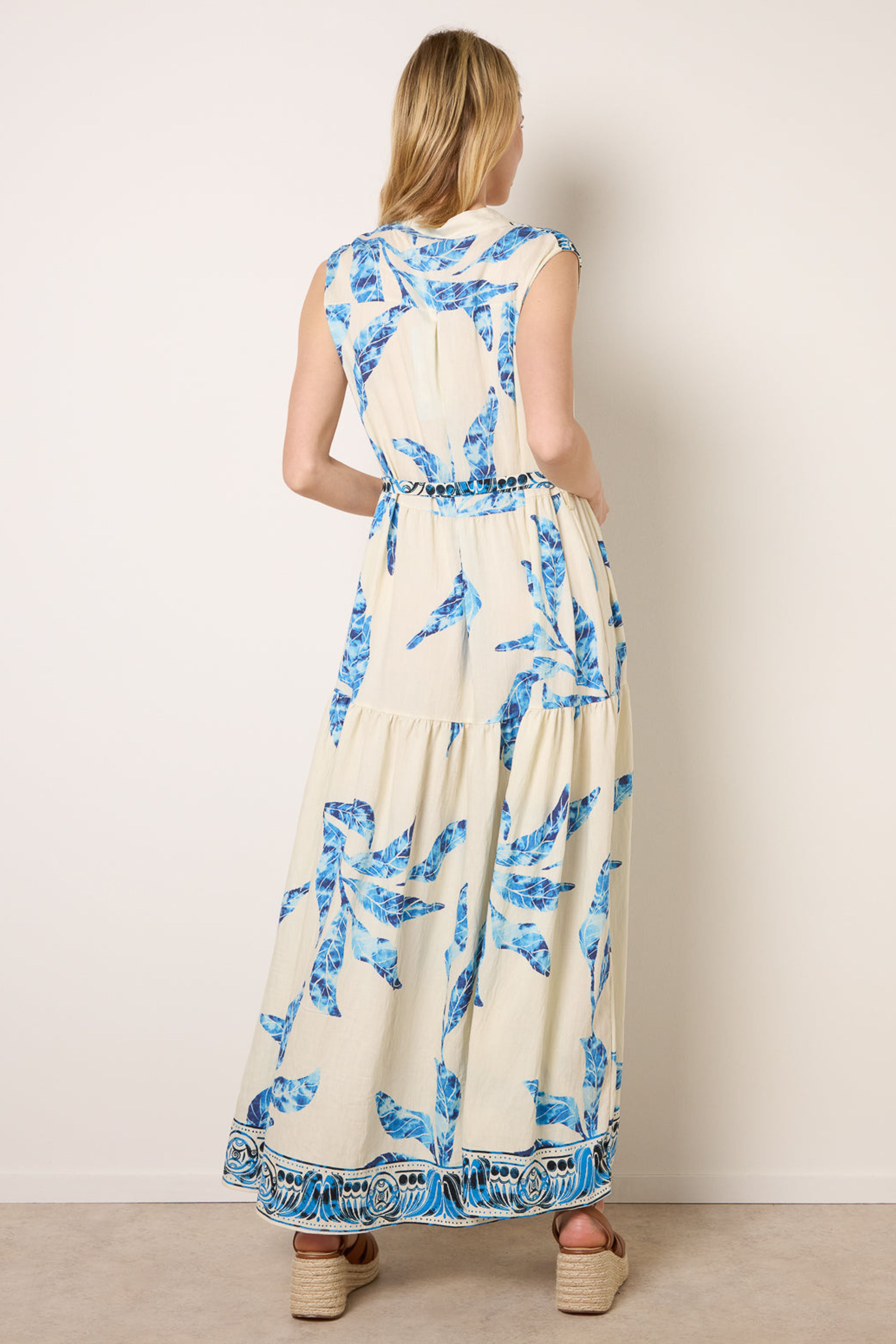 Blue Vanilla Blue Leaf Print Collarless Shirt Dress With Belted Waist