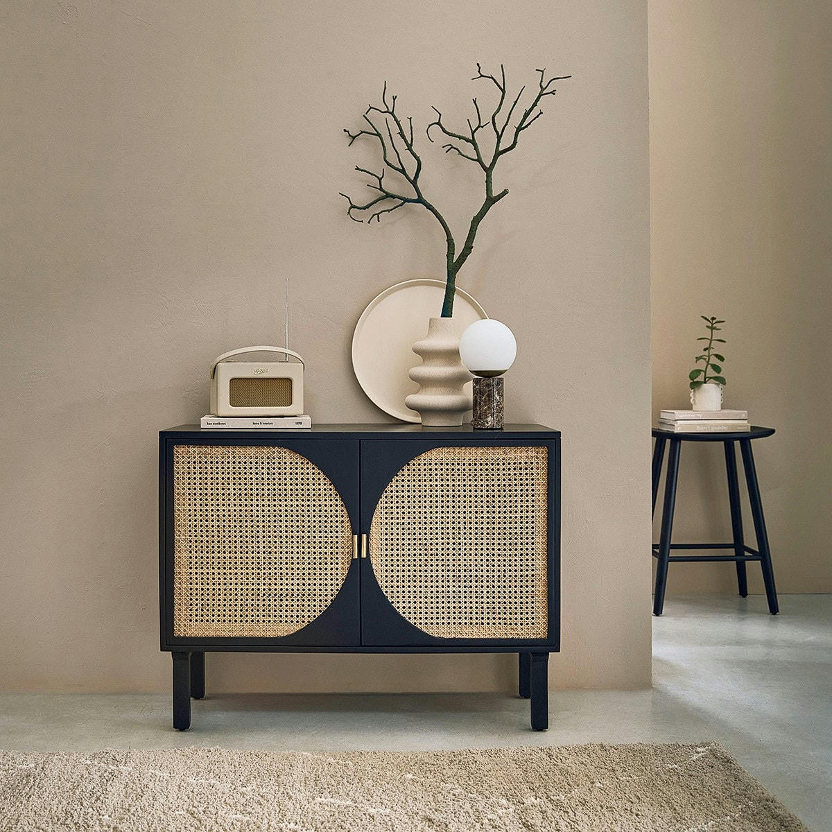 ZULMA - Buffet en manguier massif noir et cannage 100 cm