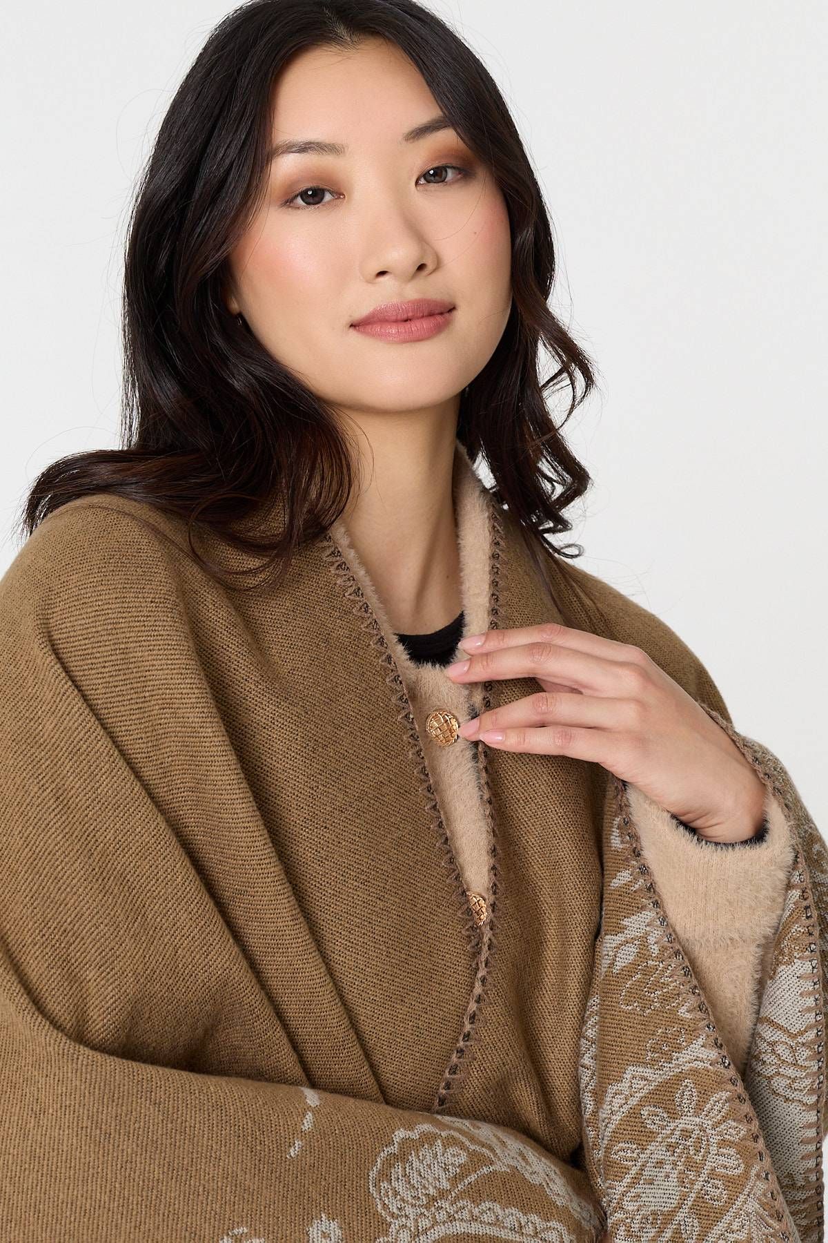 Izabel London Border Print Relaxed Open Front Poncho