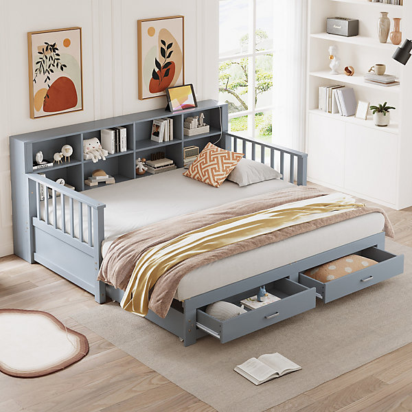 Lit canapé extensible bois massif 90 180 par 190 cm rangement prise deux tiroirs sommier multifonction pin gris 1
