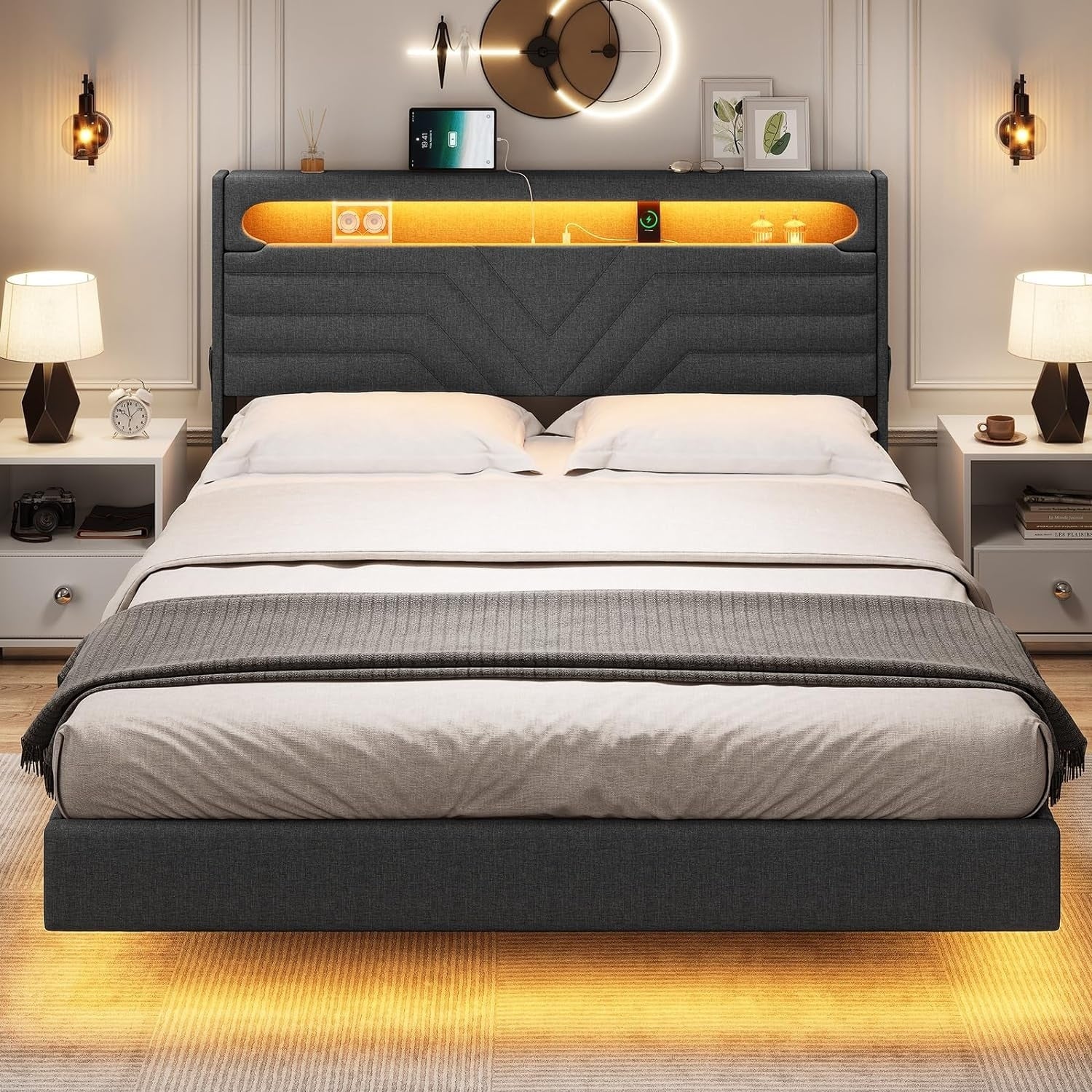 Floating Bed Frame Type-C Charging Station Hidden Storage Headboard