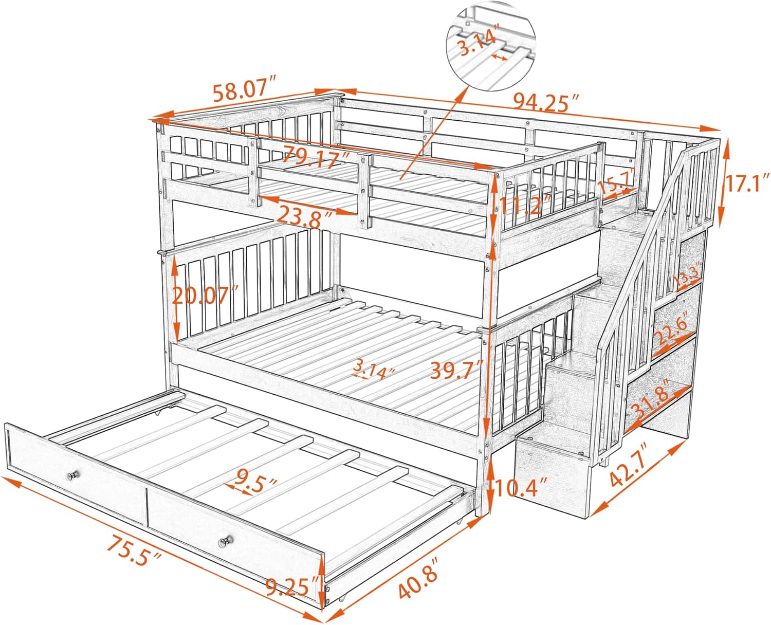 Bellemave Full Over Full Bunk Beds with Stairs and Trundle Wood Bunk Bed Frame with Staircase and Storage Shelves for Kids Teens Adult, Detachable Stairway Bunkbed for Boys Girls, Gray