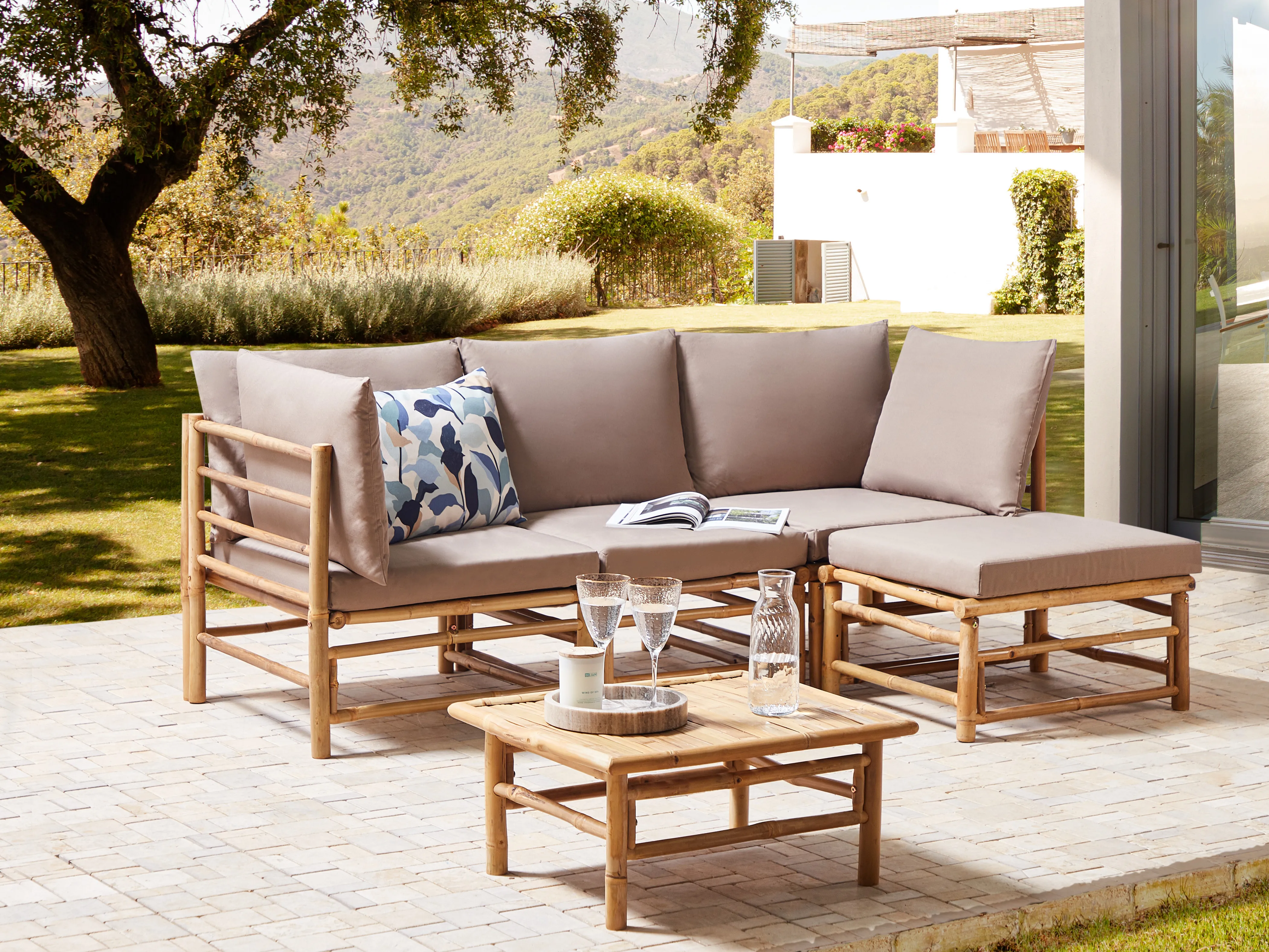 Garden Corner Sofa with Table 4 Seater CERRETO Left Hand Bamboo Taupe