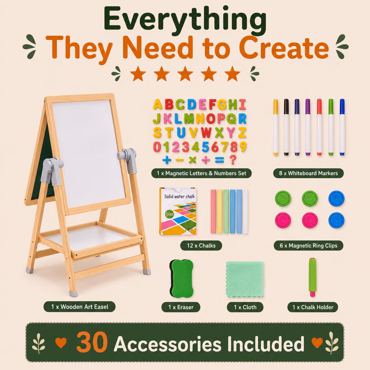 Montessori Wooden Art Easel for Kids | Adjustable Double-Sided Whiteboard & Chalkboard | Magnetic Drawing Board | Toddler Learning Easel