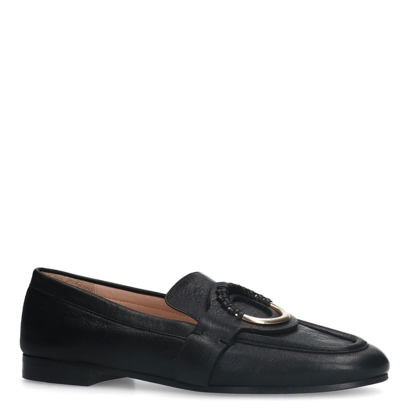 Manfield Zwarte leren loafers met goudkleurig detail