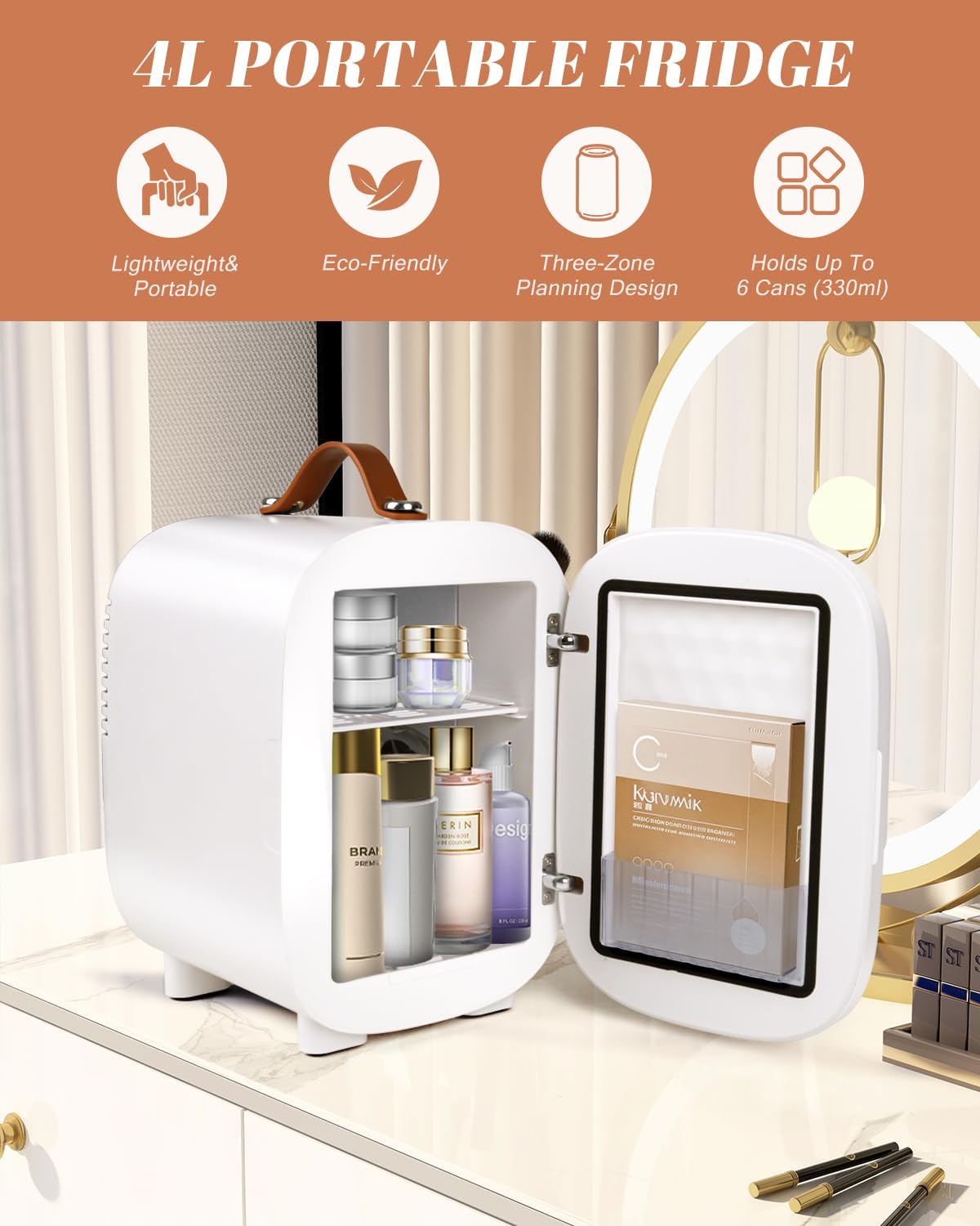 Mini Fridge for Bedroom, 4 Liter/6 Can Skincare Fridge With LED Mirror & Leather Carrying Handle,12v AC/DC Cooler & Warmer Portable Small Refrigerator for Drinks, Makeup, Dorm, Office and Car(White)