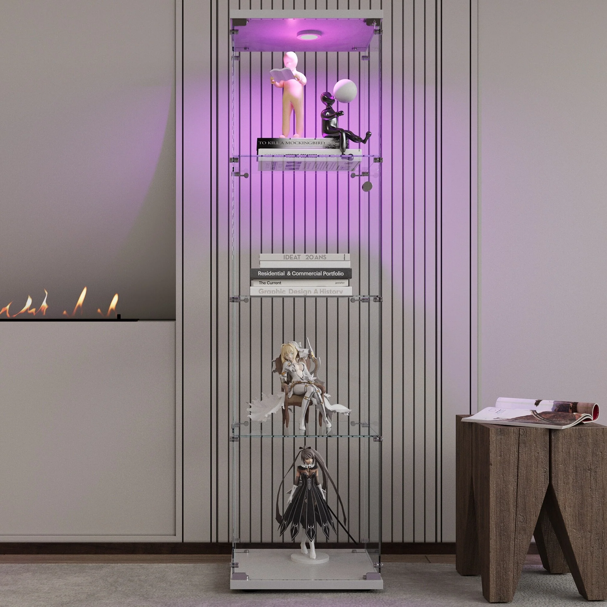 LED lights Glass Display Cabinet 4 Shelves with Door, Floor Standing Curio Bookshelf
