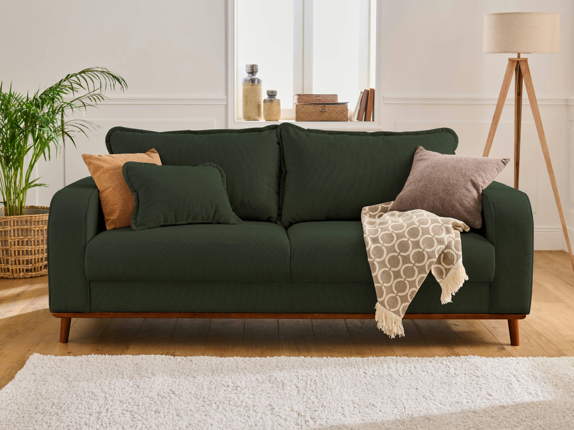 BILLIE - Canapé droit 3 places en velours côtelé vert