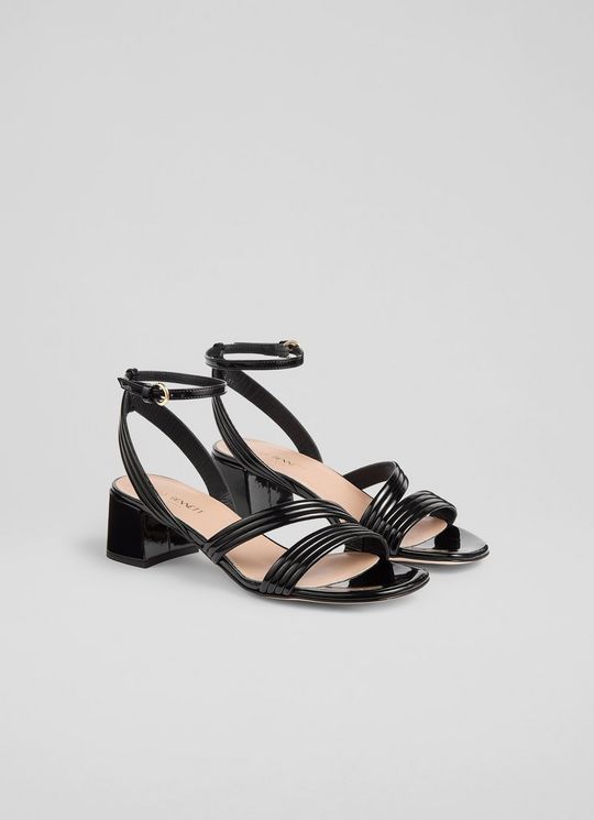 Etta Black Patent Pu Straps Low Block Heels