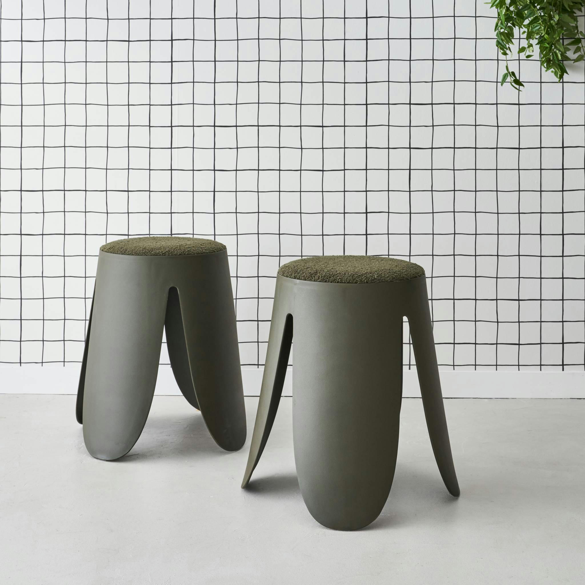 NIKI - Set de 2 tabourets empilables vert foncé, bouclette texturée, niki,