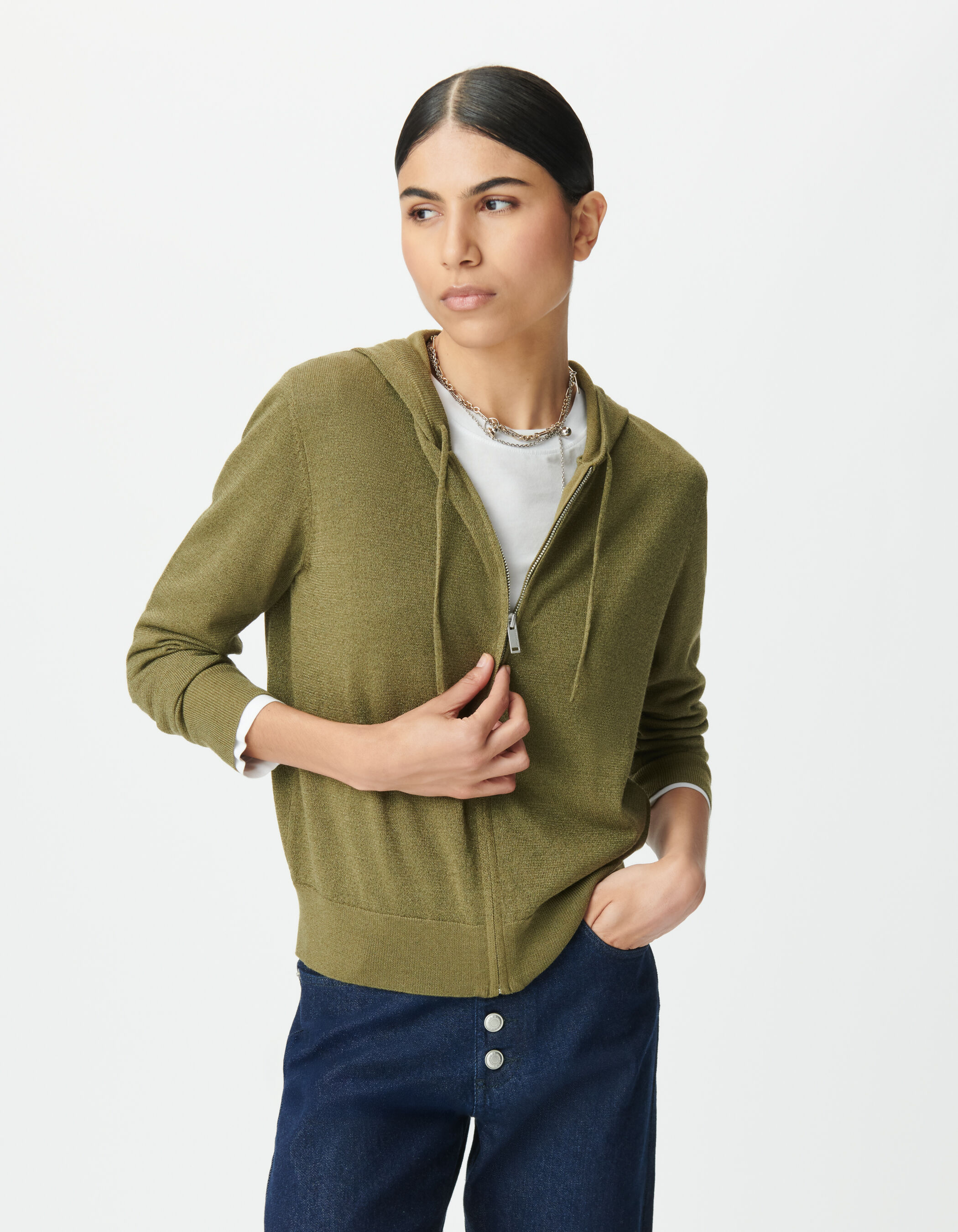 Cardigan à capuche kaki tricot lurex chevron dos Femme