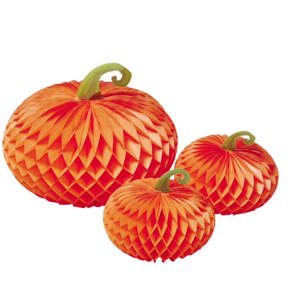Suspension citrouille en papier orange et vert x3
