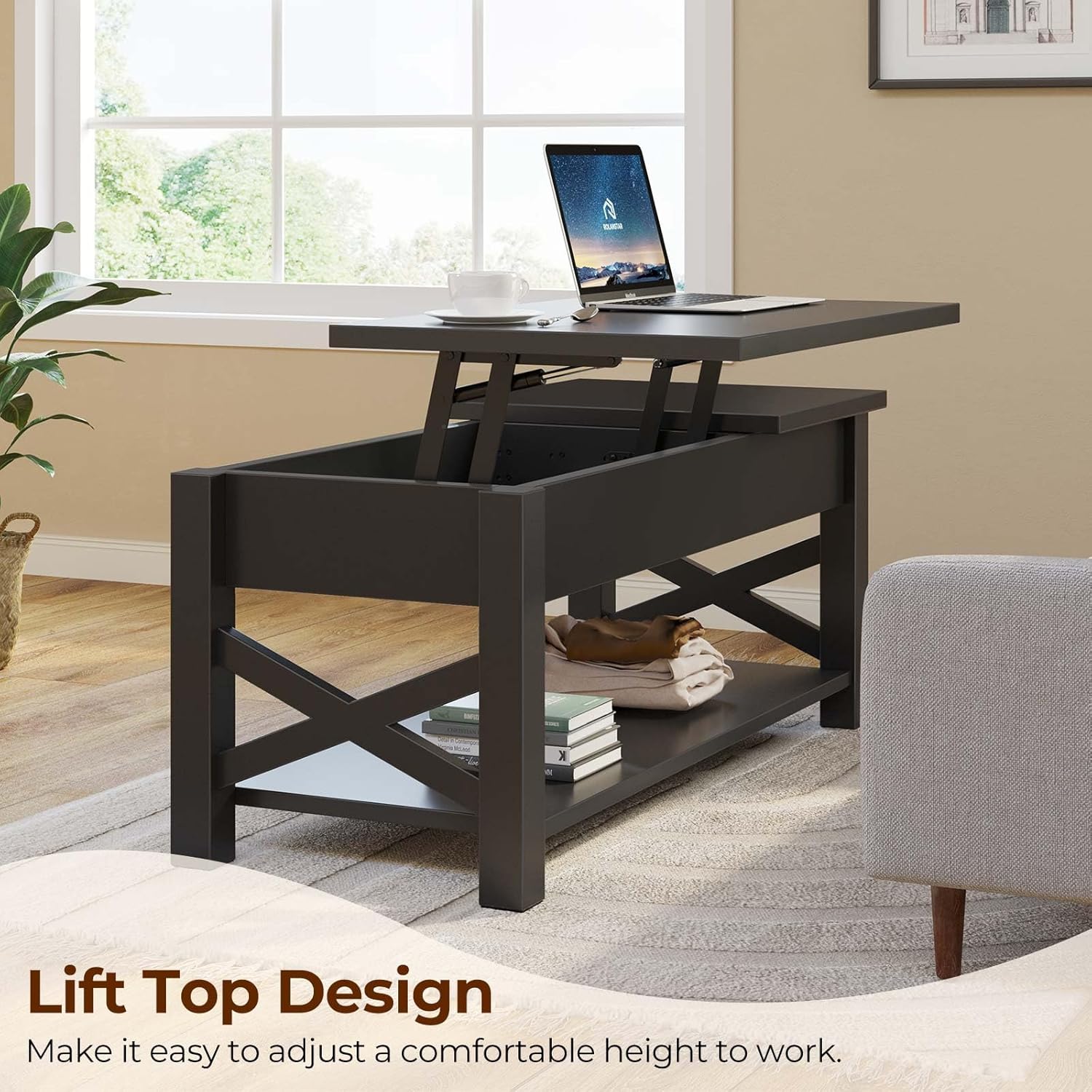 Rolanstar Coffee Table 47.2, 2 Way Lift Top Farmhouse Center Table with Hidden Compartment, Open Shelf & X Wooden Support for Living Room, Black
