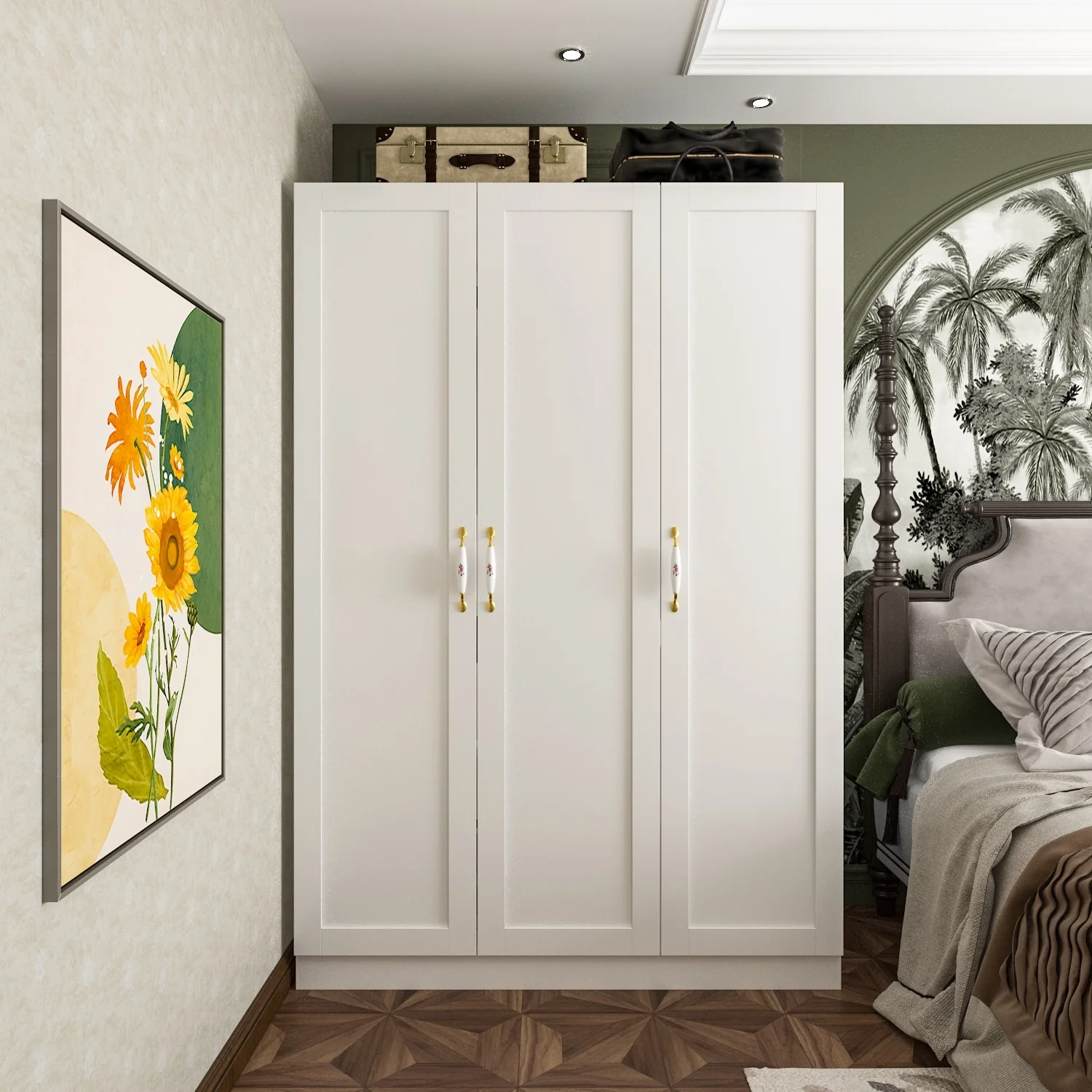47.2W Armoire with Three Doors ,Two Clothes Rod ,Golden Floral Handle