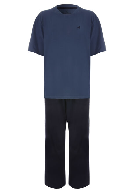 Mens Blue Cotton Long Pyjama Set
