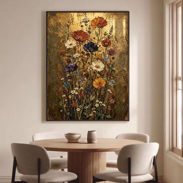 Gold Gilded Wildflower Poppy Wall Art, Vintage Textured Floral Canvas Print, Antique Colorful Meadow Painting, Large Vertical Entryway Decor