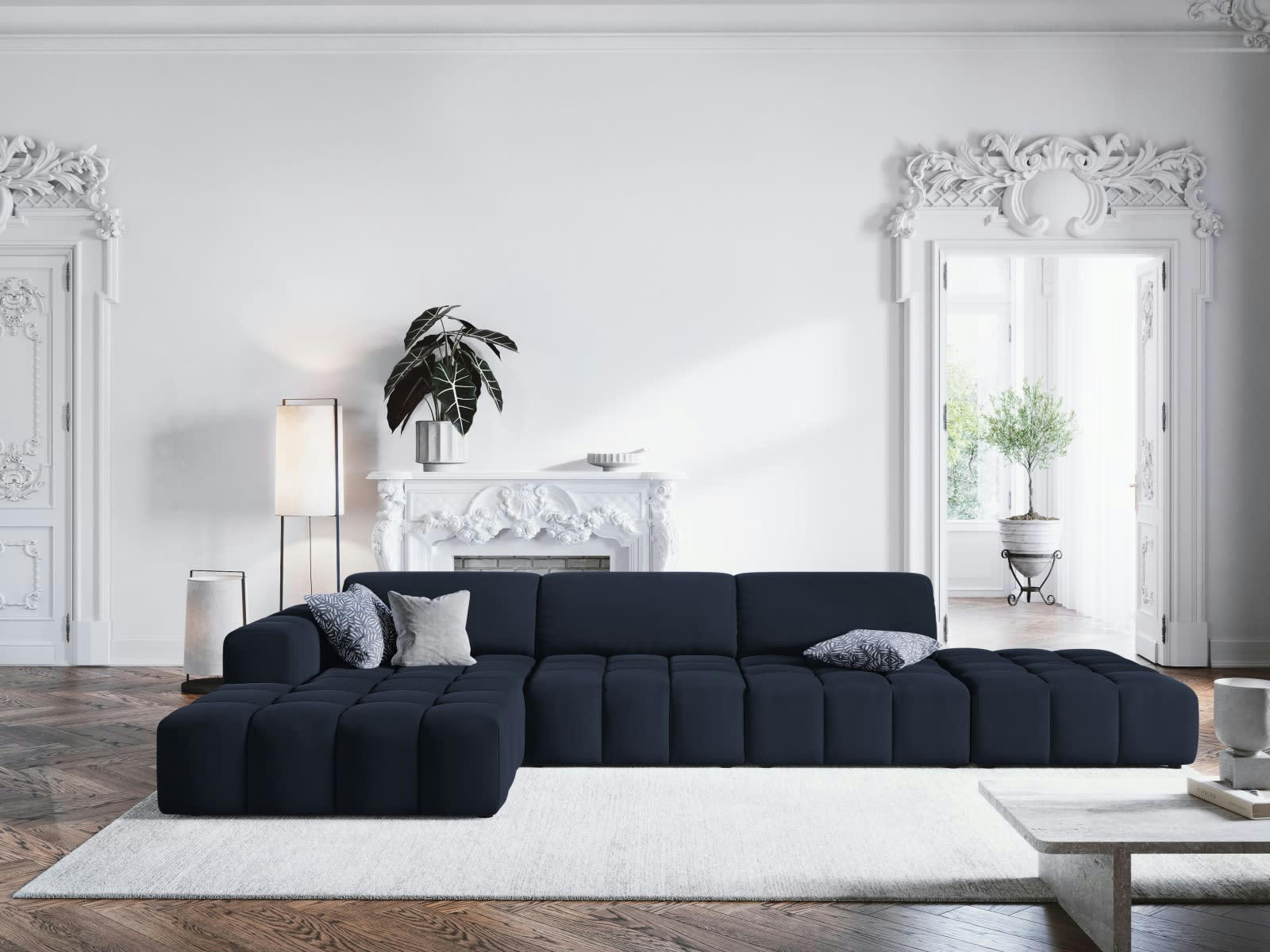 LUC - Canapé d'angle gauche 5 places en tissu velours bleu foncé