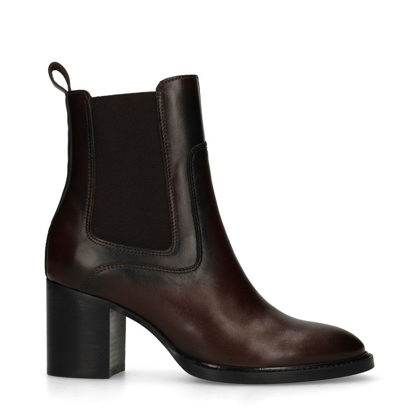 Manfield Donkerbruine leren enkellaarsjes met hak