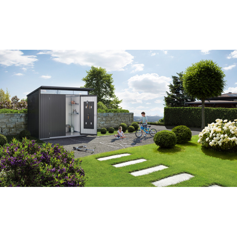 Abri de jardin en métal AvantGarde Eco double porte gris foncé 2,6 x 2,2 x 2,18 m BIOHORT