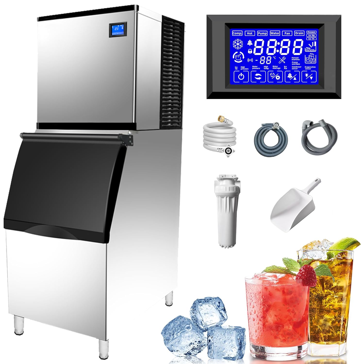 Commercial Ice Maker Machine 700lbs/24H, 220V Automatic Ice Machine with 440lbs Storage, LED Control, One-Button Cleaning, Stainless Steel, Clear Ice Cubes for Bars, Restaurants, Cafes
