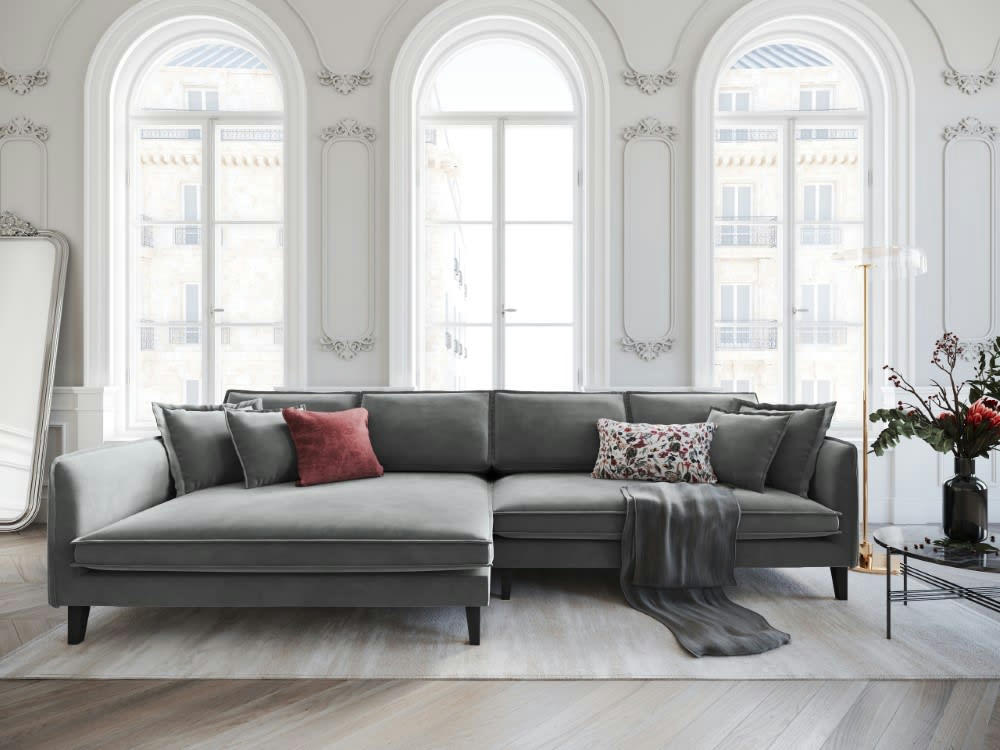 PROVENCE - Canapé d'angle 4 places en velours gris clair