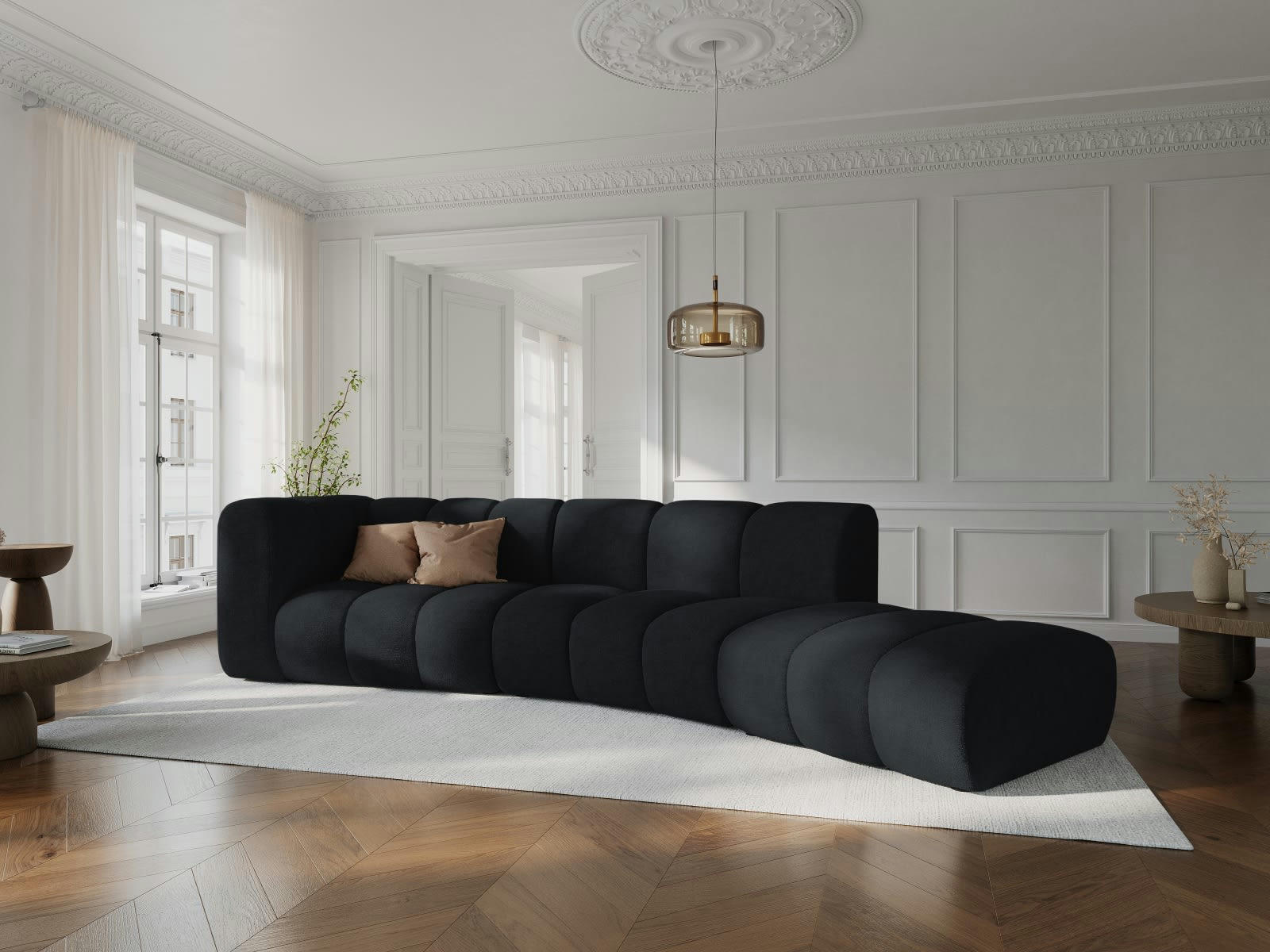 LUPINE - Canapé droit 5 places en tissu chenille noir