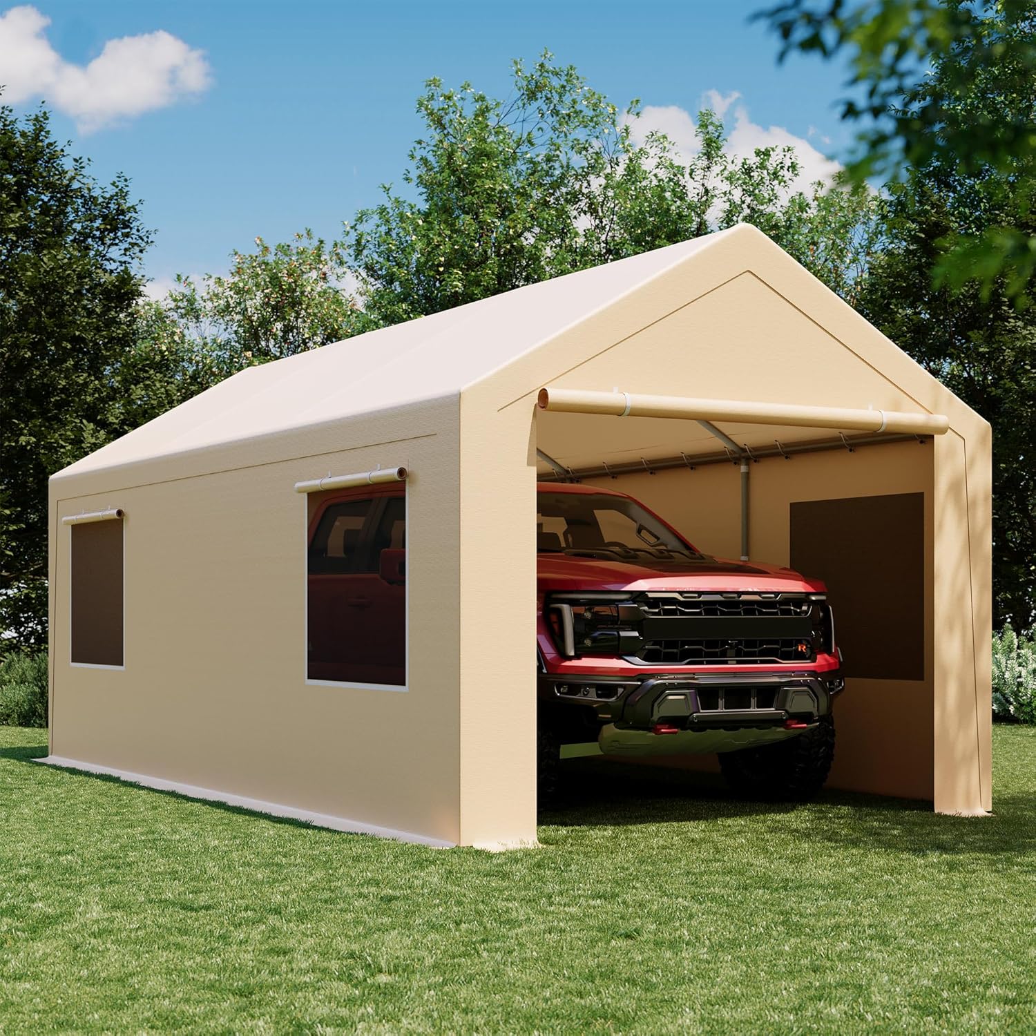 LAUSAINT HOME 10x20FT Carport, Heavy Duty Car Canopy with Roll-up Windows, Garage Storage Tent Shelter with Removable Sidewalls & Doors, for Boat, Car, Truck, Khaki