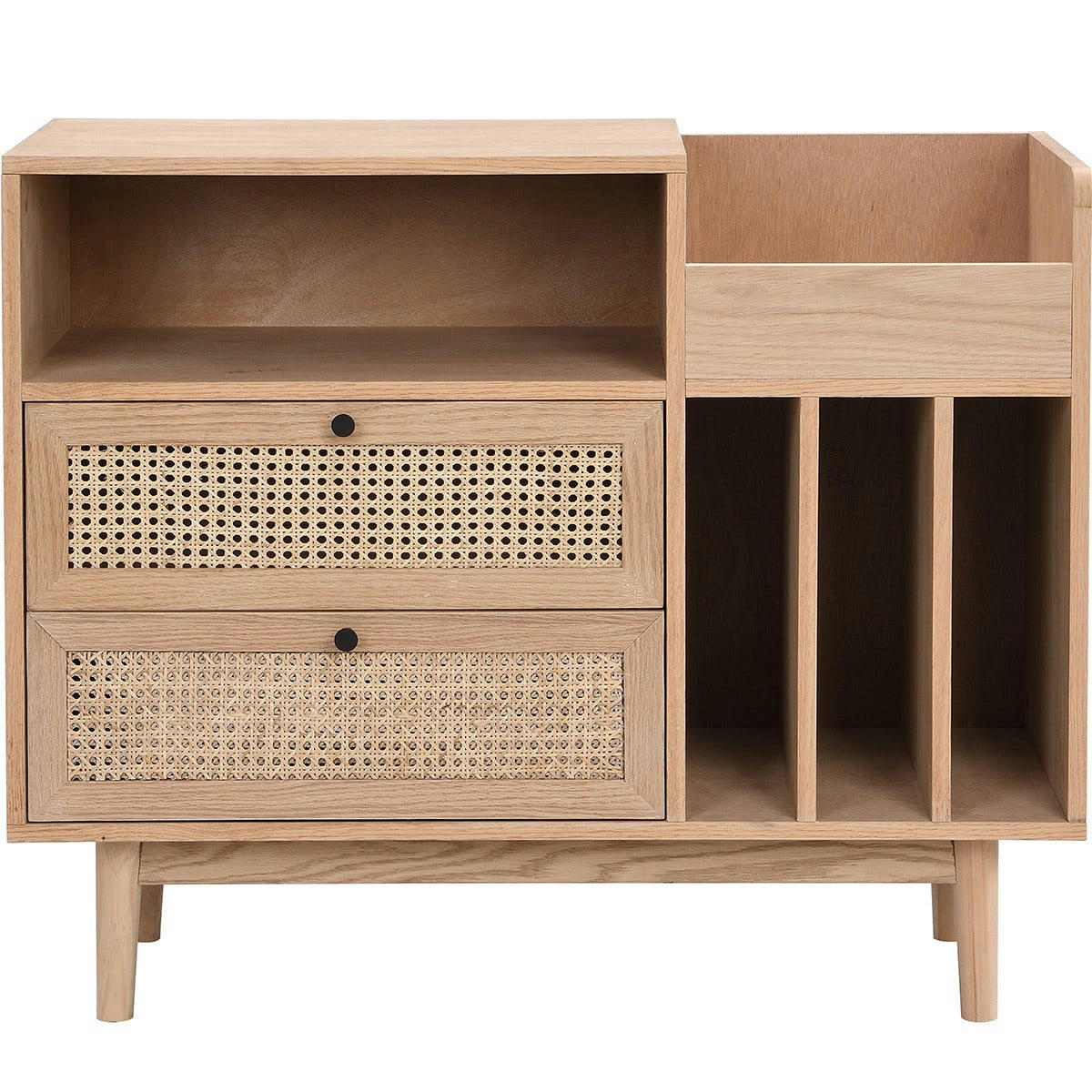 EDEN - Meuble range vinyles 2 tiroirs en bois et cannage naturel 90 cm