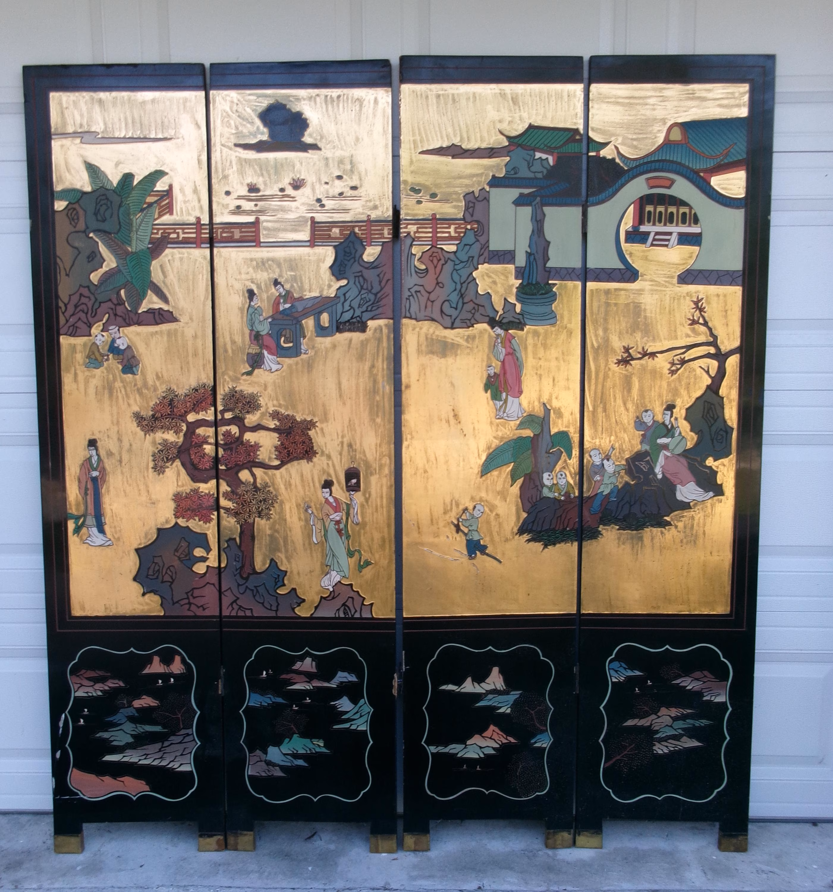 Gold Asian Screen Room Divider Japanese Pagoda Chinoiserie Folding 4 Panels Ladies Kids Trees Oriental Chinese Chippendale Coromandel ST