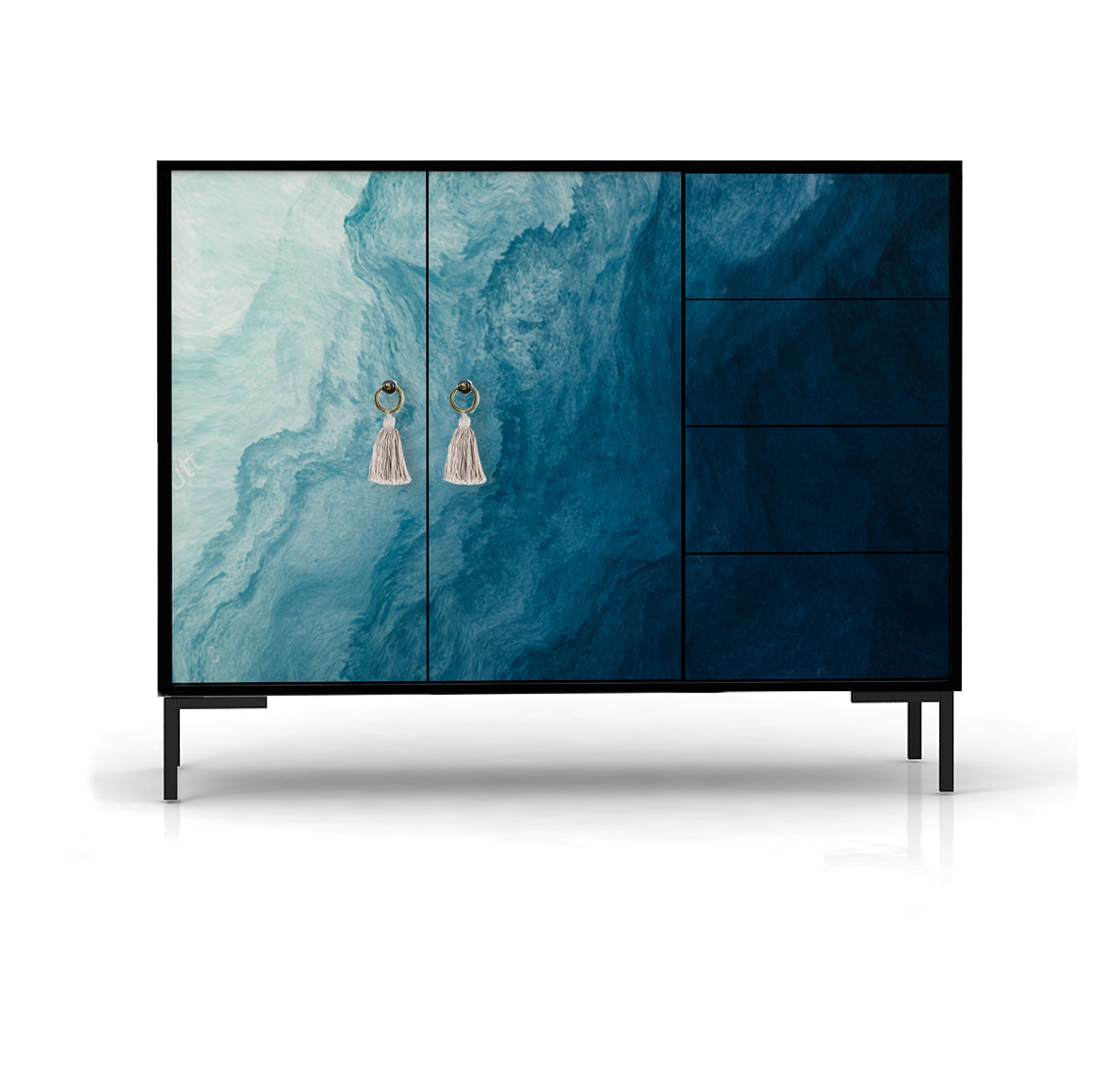 Laag dressoir met 2 deuren en 4 laden van MDF met Blauwe oceaan patroon