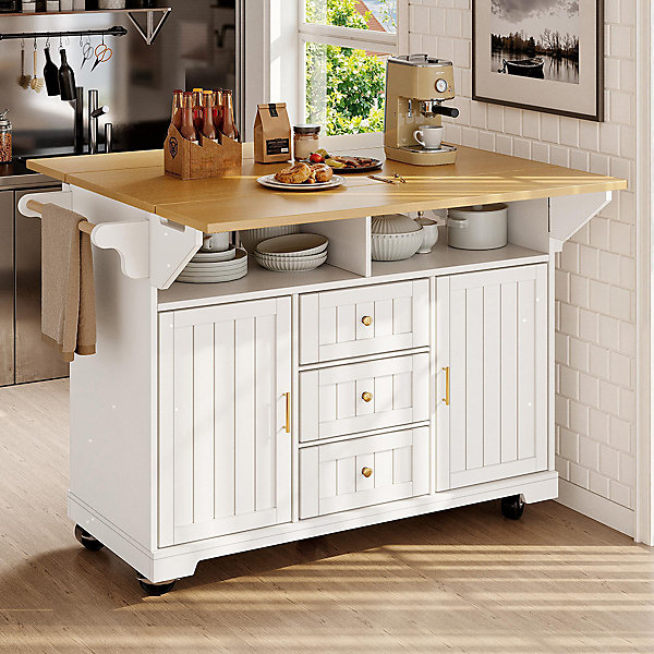 Îlot cuisine extensible 120x40(80)x95cm - 2 portes, 3 tiroirs, noir/blanc