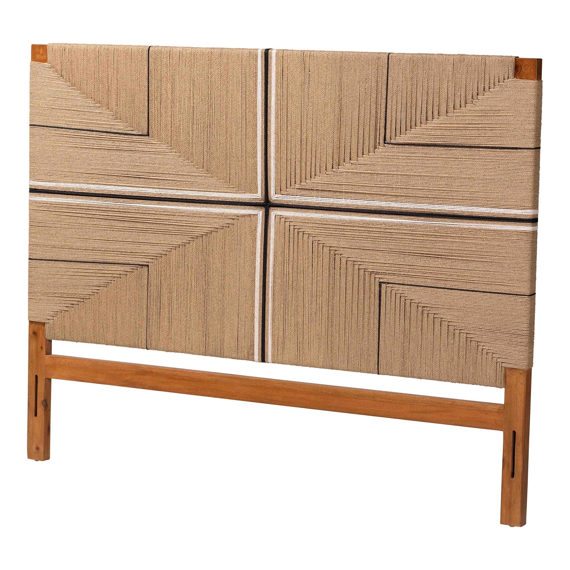 Prita Paper Loom Headboard with Mahogany Wood, Handwoven Bed Panel with Geometric Design, Boho Rustic Bedroom Accent