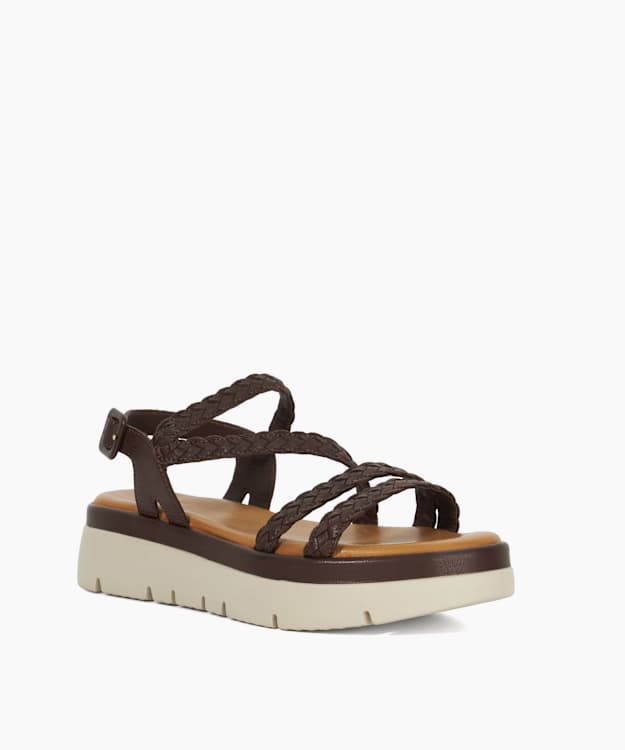 Lexture Brown - Woven Leather Asymmetric Strap Flatform Sandals