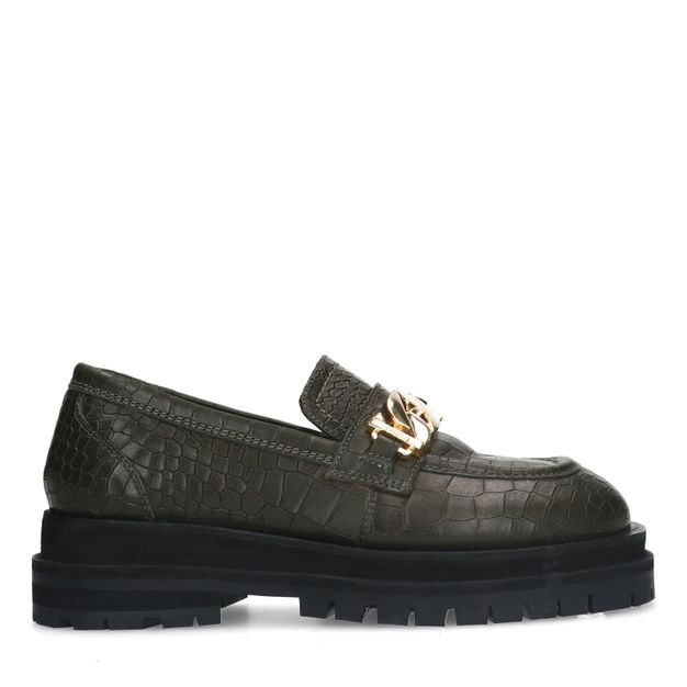 Donkergroene leren loafers met goudkleurige chain