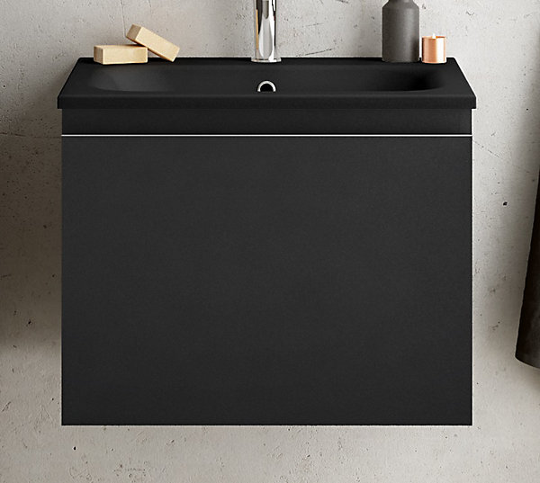 Meuble vasque suspendu noir mat l.60 cm   plan vasque noir mat résine, Pura