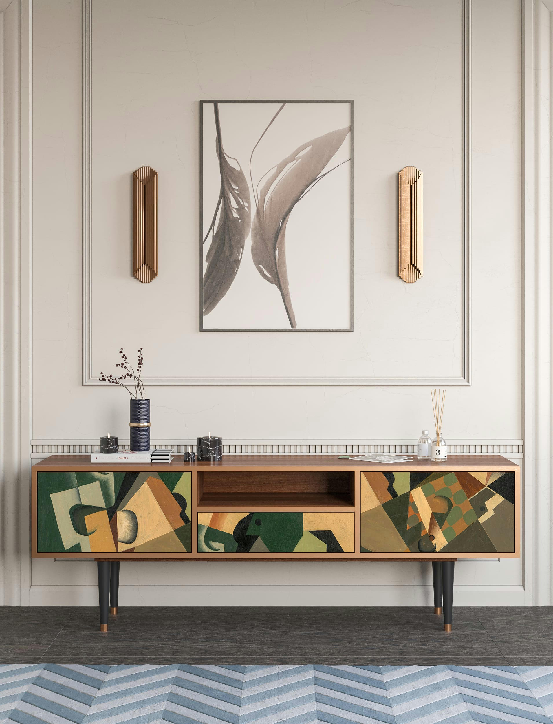 GLASS AND CHECKERBOARD BY JUAN GRIS - Meuble TV  multicolore 1 tiroir et 2 portes L 170 cm