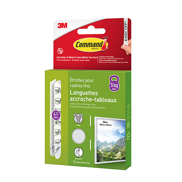 Languette adhésive accroche-tableaux étroites pour cadres fins 3M Command max 5kg - 4 paires