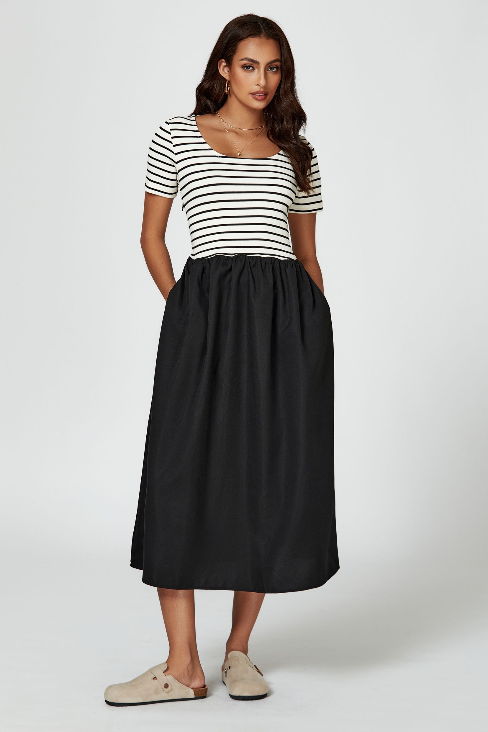 FS Collection Short Sleeve Black Stripe Midi Dress In White