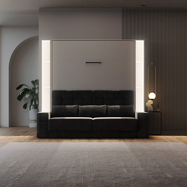 Lit escamotable ensemble 2 placards étagère et canapé 160x200cm Lit Mural Gris perle inc.LED